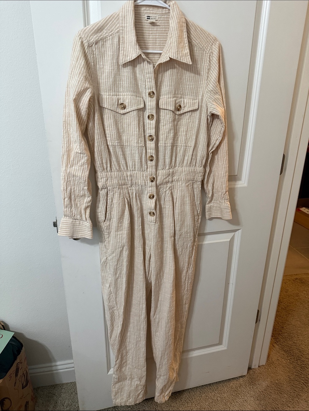 Billabong Beige Striped Button-Front Jumpsuit